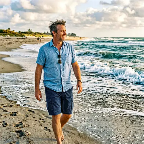Caucasian Man Walking on the Seaside in Shorts