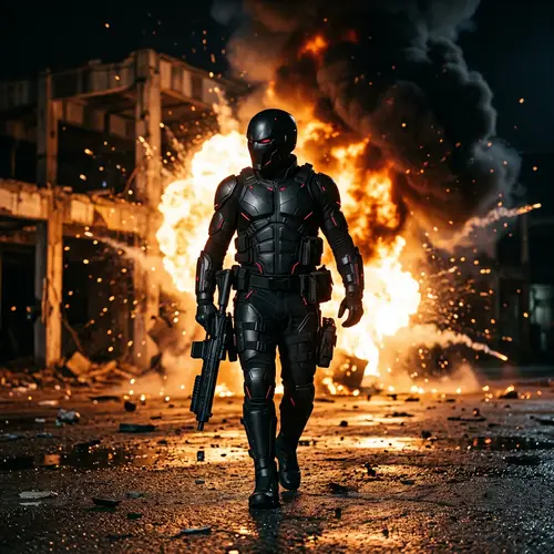 Red Hood in Black Technological Outfit with Explosive Background