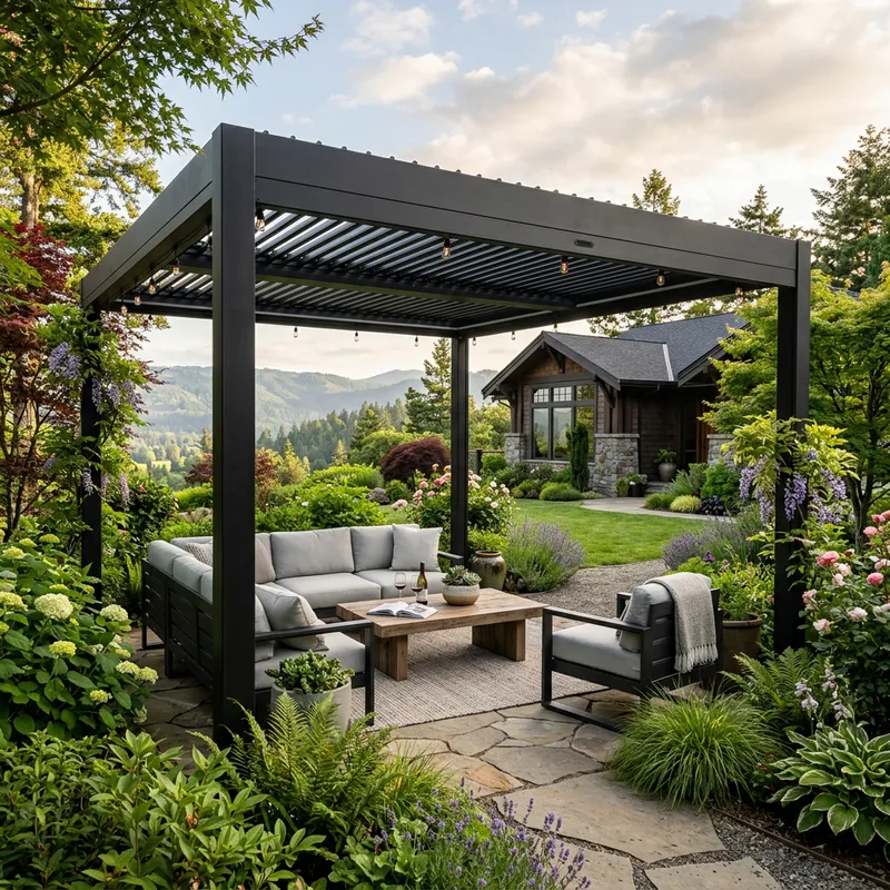 Luxurious Matte Black Aluminum Pergola in Lush Garden with Single-family House View Luxurious Matte Black Aluminum Pergola in Lush Garden with Single-family House View