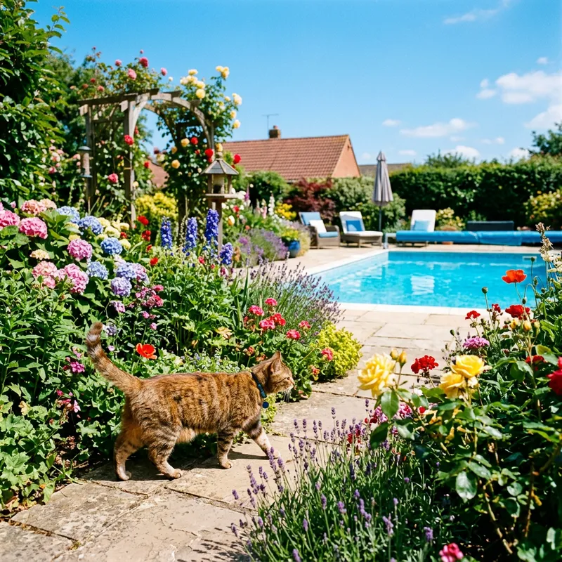 Cat Strolling in a Beautiful Garden by the Pool