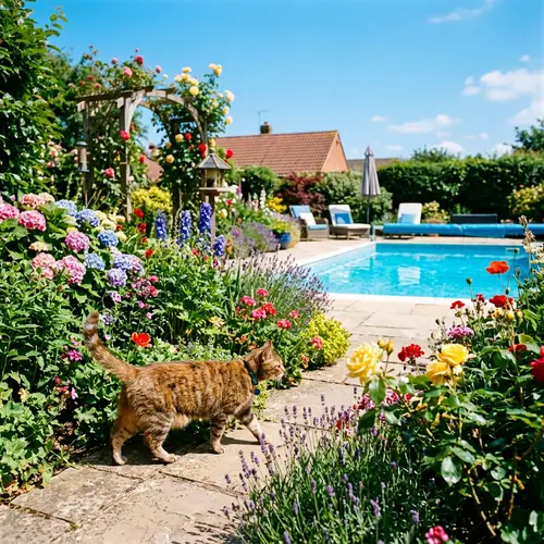 Cat Strolling in a Beautiful Garden by the Pool