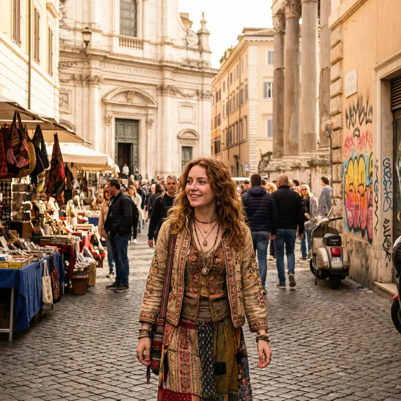 Elegant Hypermaximalist Street Scene with a Beautiful 19-Year-Old Woman in Rome