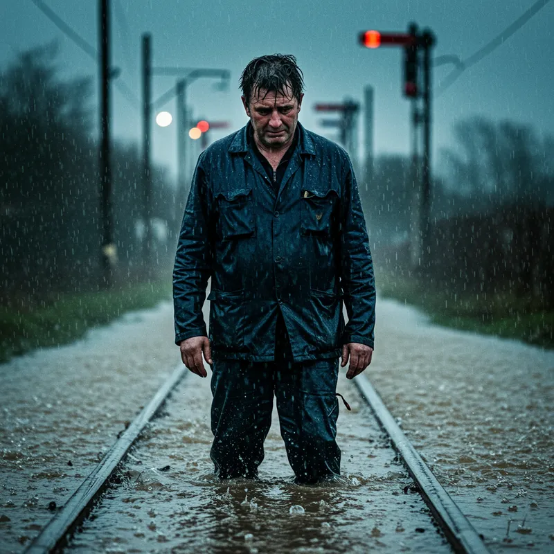Sad Rail Worker in Rainy Flood Conditions