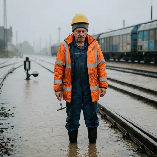 Sad Rail Worker in Rainy Flood Conditions