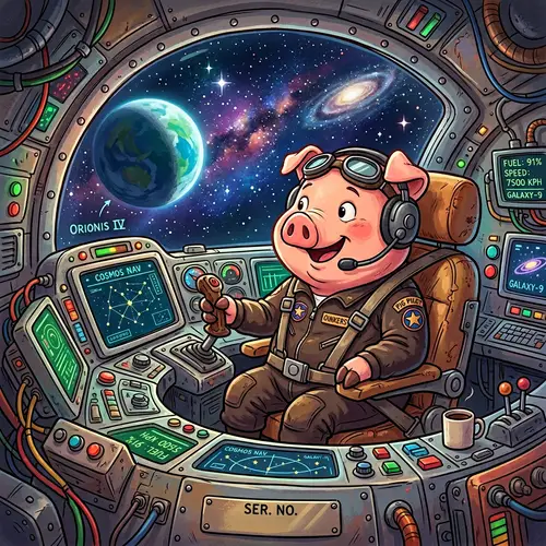 Cartoon Pig in Spaceship Cockpit with Headset