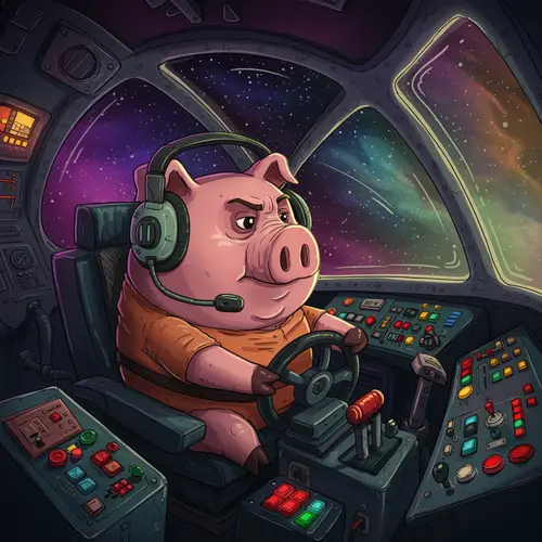 Cartoon Pig in Spaceship Cockpit with Headset