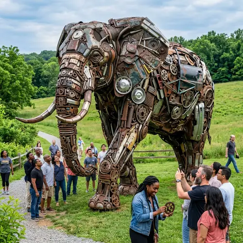 Large Elephant Sculpture Made of Scrap Metal in Field