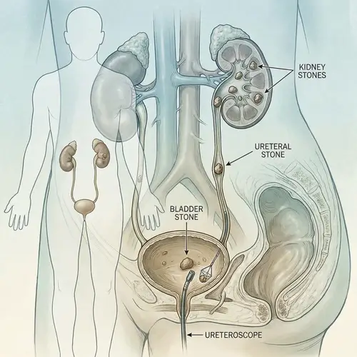 Urinary Stones in Kidneys, Ureters & Bladder - Medical Illustration