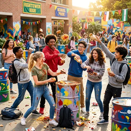 Diverse Teenage Students Playfully Interact in School Courtyard