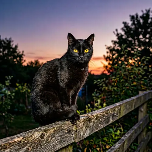 Gleaming Yellow-Eyed Black Cat Perched on Weather-Worn Wooden Fence