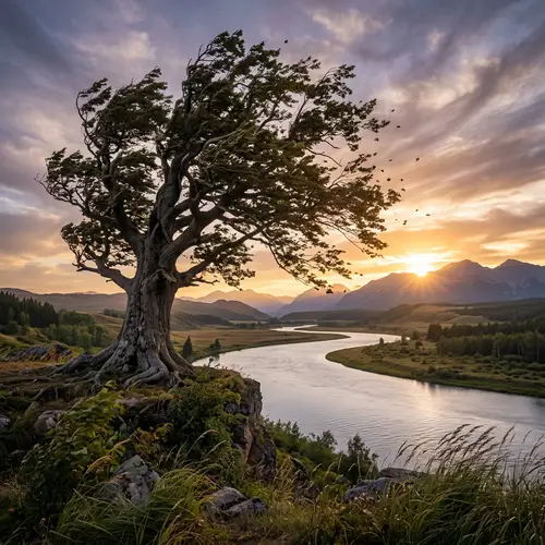 Tranquil Landscape with Resilient Oak Tree | Sunrise Symbolism