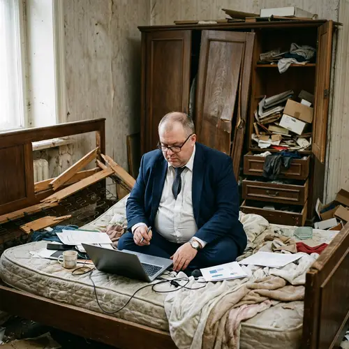 Professional Man sitting on Broken Bed with Broken Cupboard Backdrop
