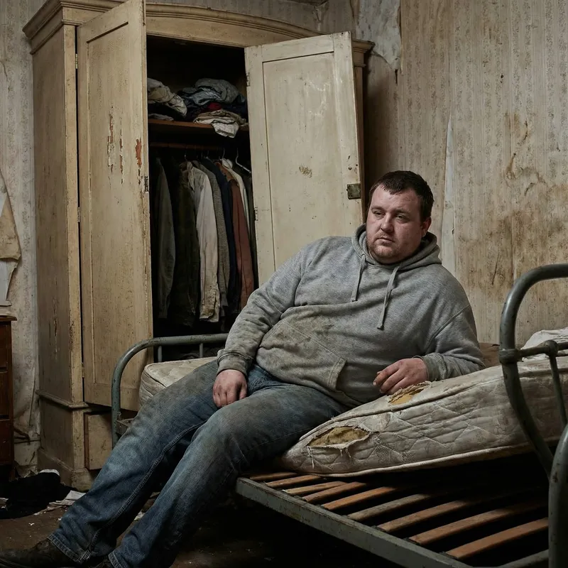Obese Man Sitting on Damaged Bed | Broken Wardrobe Background