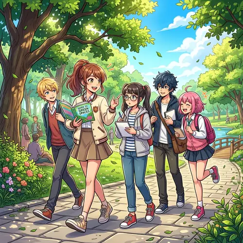 Vibrant Anime-Style Park Scene with Friends: Engaging and Energetic