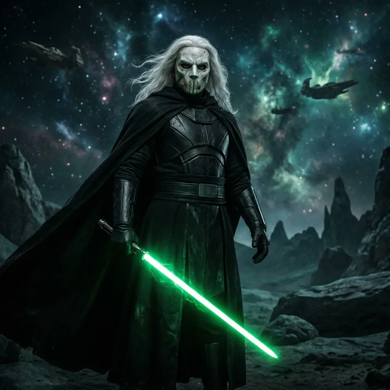Male Warrior in Black Robe with Green Lightsaber