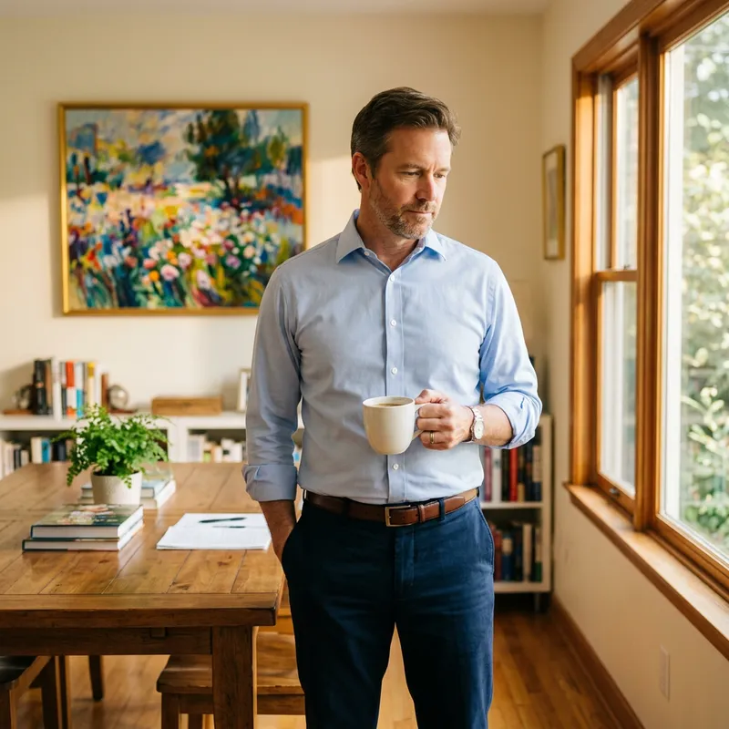 Calm Middle-Aged Man with Coffee in Well-Lit Room