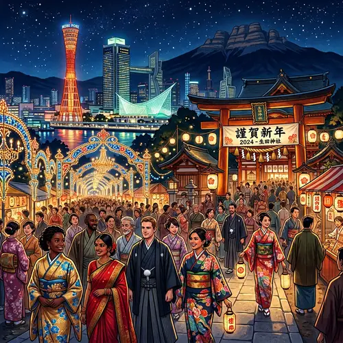 Happy New Year Celebration at Ikuta Shrine in Kobe - Futuristic City Scene