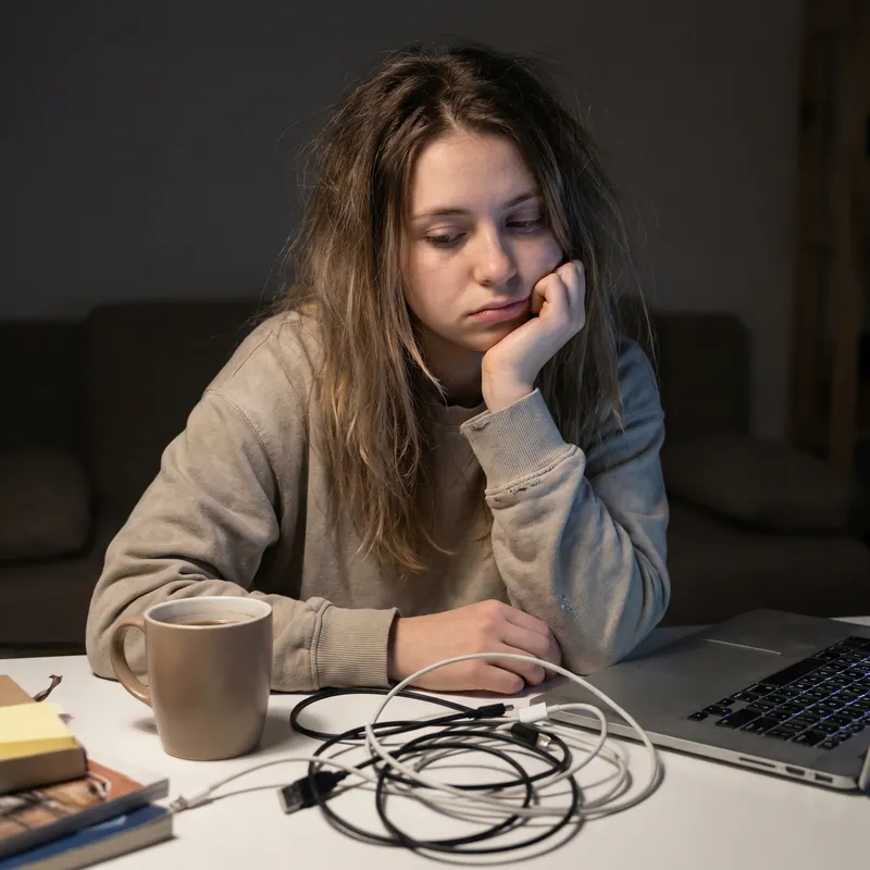 Weary Caucasian Girl Looking Around Keyboard