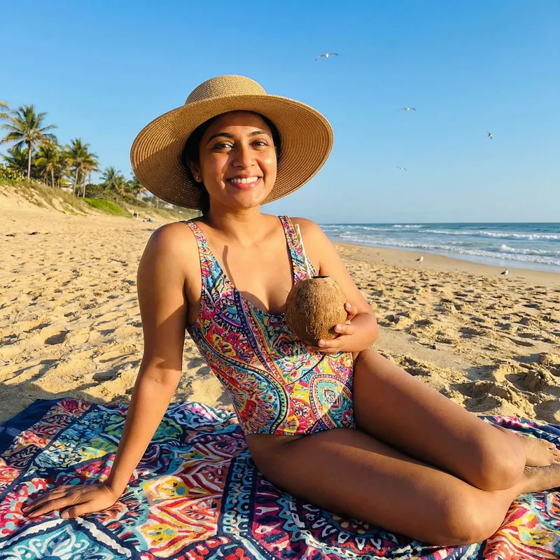 Radiant South Asian Woman Relaxing at Tropical Beach | Sun-Kissed Beauty
