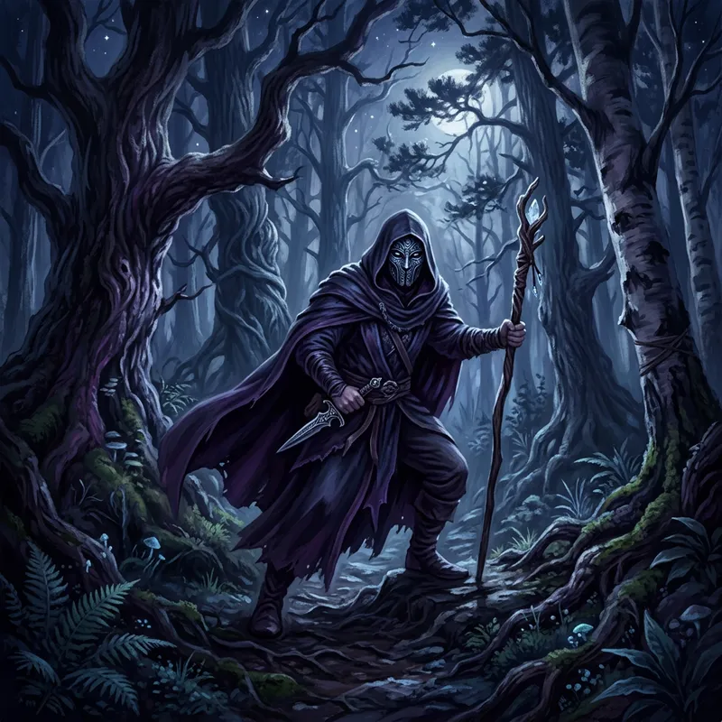 Enigmatic Masked Figure in Moonlit Forest | Dark Blue & Violet Hues