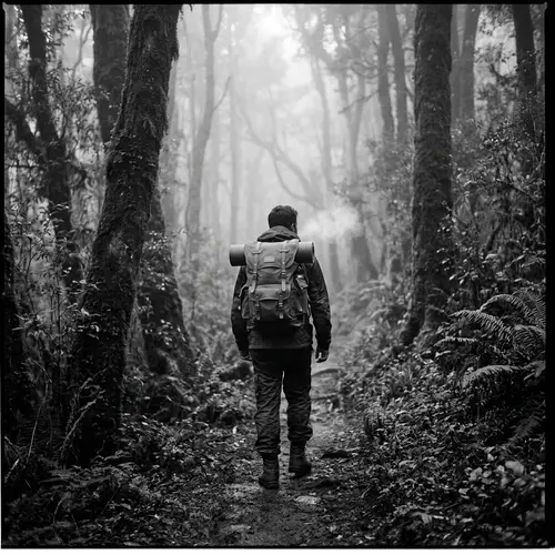 Misty Forest Explorer: South Asian Male in Shades of Grey & White