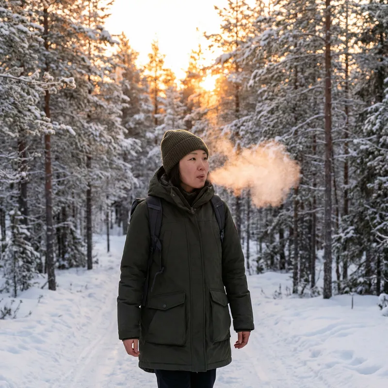 Winter Forest Walk: Person Breathing Clouds in Nature