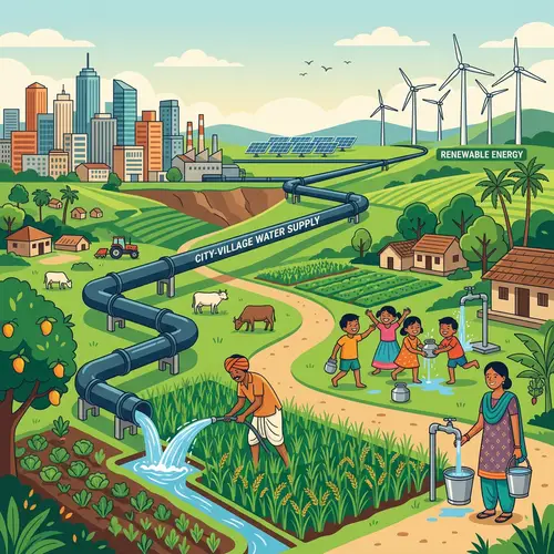 City and Village Landscape with Solar and Windmills