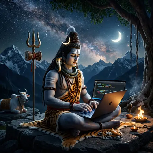 Lord Shiva Coding with JavaScript - Ancient Divinity Embraces Tech