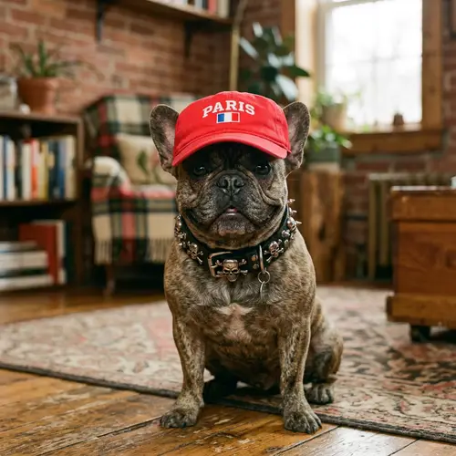 French Bulldog with Red Cap & Skull Collar