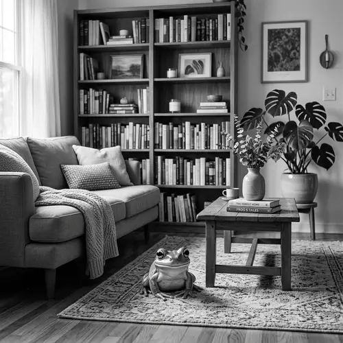 Adorable Frog in Charming Living Room - Grayscale Image
