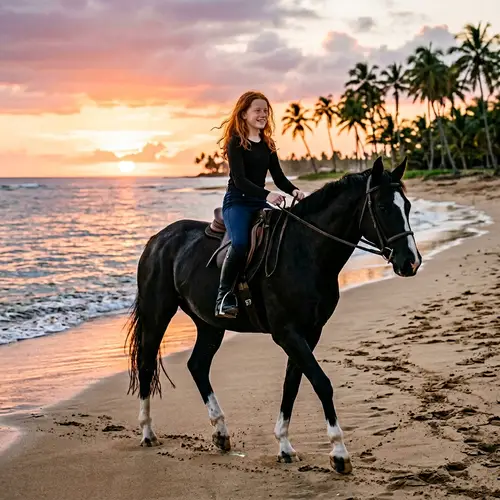 12-Year-Old Girl Riding Black Horse on Beach at Sunset