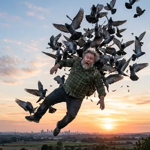 Angry Pigeons Carry Big Man Away