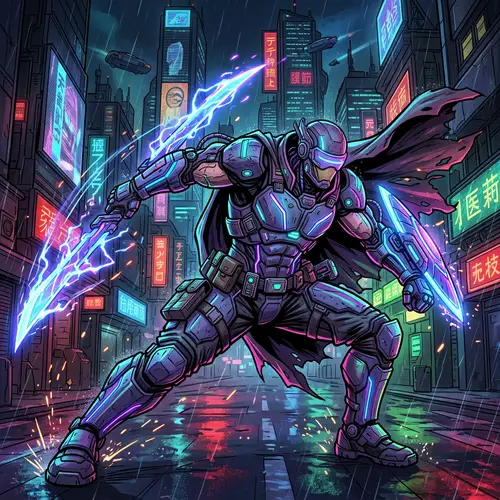 Epic Cybernetic Warrior in Action Pose