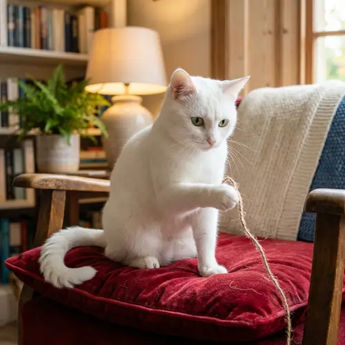 Playful White Cat on Red Cushion | Bright-Eyed Feline in Cozy Setting
