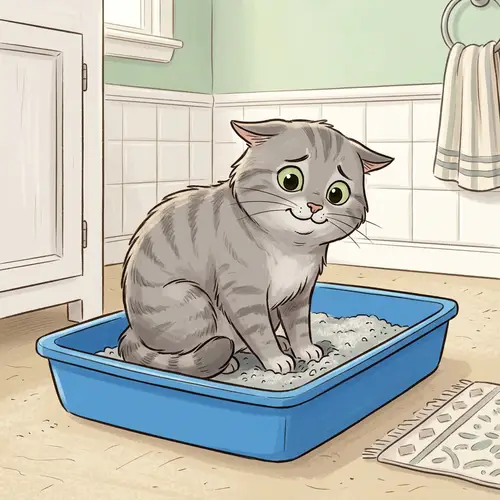Grey Cat Using Blue Litter Box - Clean Indoor Scene