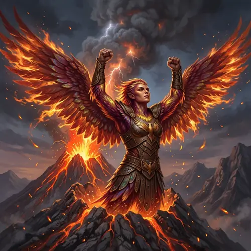 Mythical Half-Phoenix Figure Rising From Volcano