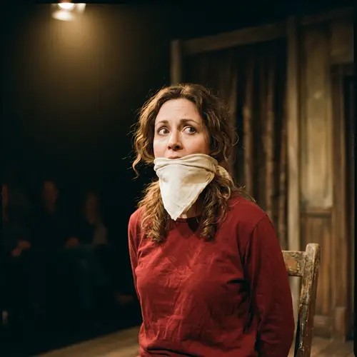 Dramatic Gagged Woman - Stage Performance in Red Top