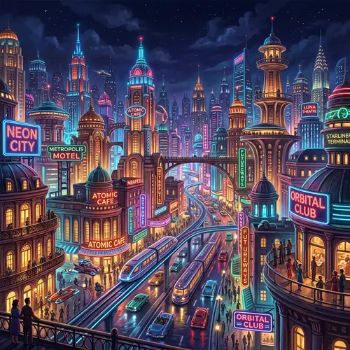 Retro Futuristic Cityscape with Vibrant Neon Lights