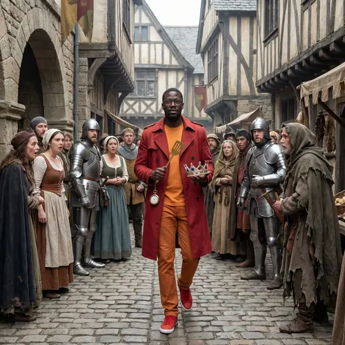 Classy Black Man in Red Coat with Diverse Medieval Crowd