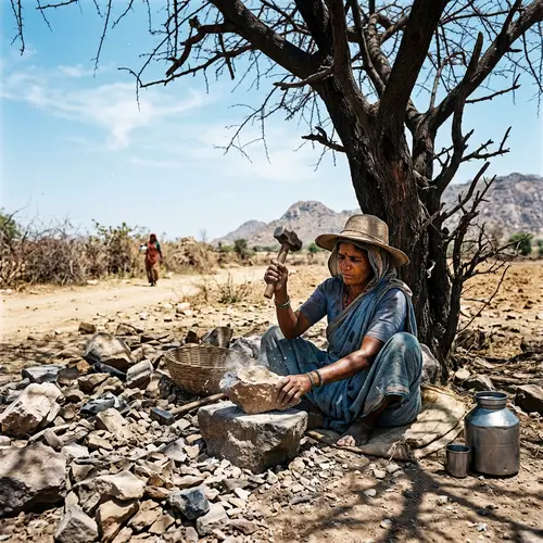 Woman Breaking Stones Under a Dry Tree in Summer
