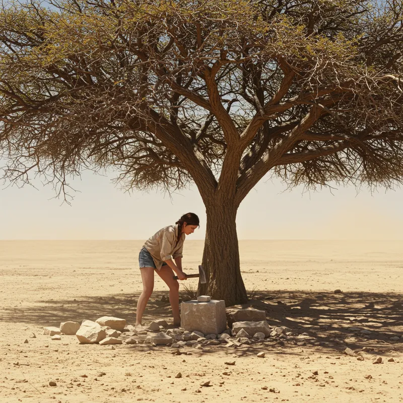 Woman Breaking Stones Under a Dry Tree in Summer