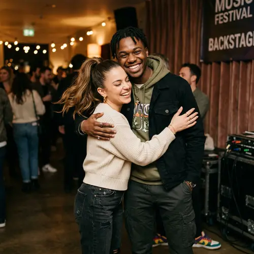 Petite Female Pop Star Embracing Smiling Black Person
