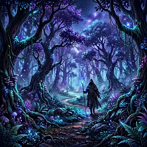 Enigmatic Figure in Dark Forest | Mystical Aura of Blues & Purples