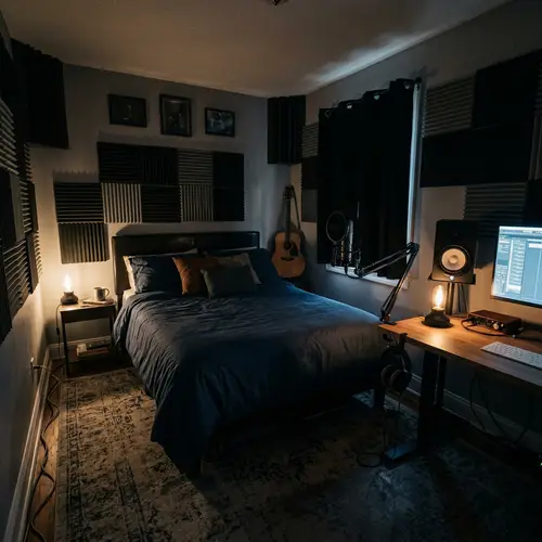 Studio-Ready Dark Room with Central Bed