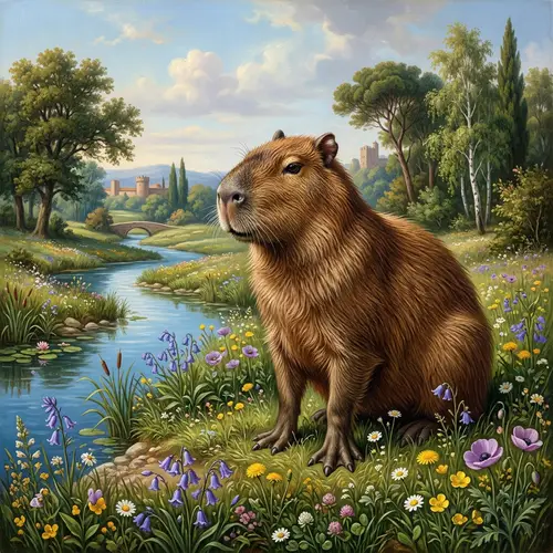 Renaissance Style Capybara Oil Painting in Lush Spring Meadow
