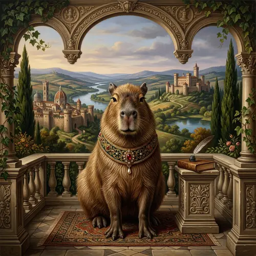 Renaissance-style Capybara Depiction | Elaborate & Symmetrical Artwork