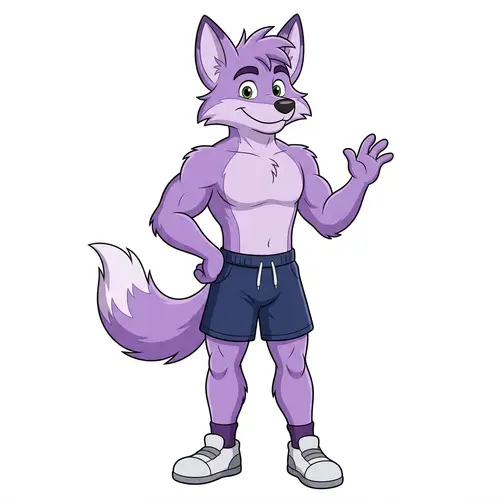 Male Purple Fox Demi-Human in Stylish Shorts | Cartoon Illustration