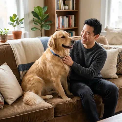 Warmth and Companionship: Golden Retriever and Owner on Plush Couch