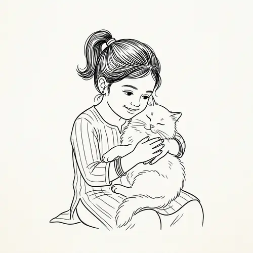 Simple Line Drawing of a Girl Holding a Cat