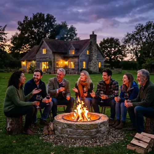 Twilight Gathering Around Fire Pit: Wine, Conversation, and Camaraderie